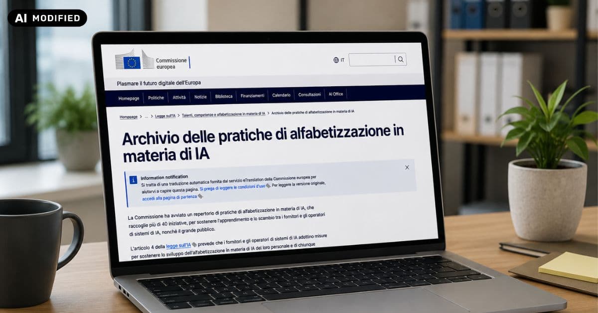 Portatile aperto sulla pagina della Commissione europea "Archivio delle pratiche di alfabetizzazione in materia di IA". Immagine modificata con l'IA.