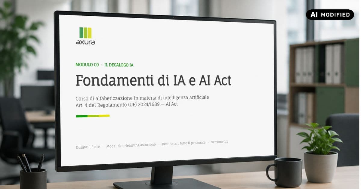 Monitor con la slide del corso Axura "Fondamenti di IA e AI Act", modulo C0: 1,5 ore, e-learning asincrono, rivolto a tutto il personale. Immagine modificata con l'IA.