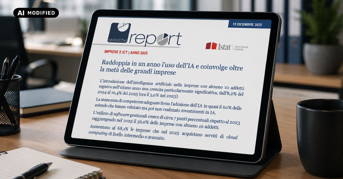 Tablet che mostra il report Istat "Imprese e ICT, anno 2025": raddoppia in un anno l'uso dell'IA e coinvolge oltre la metà delle grandi imprese. Immagine modificata con l'IA.