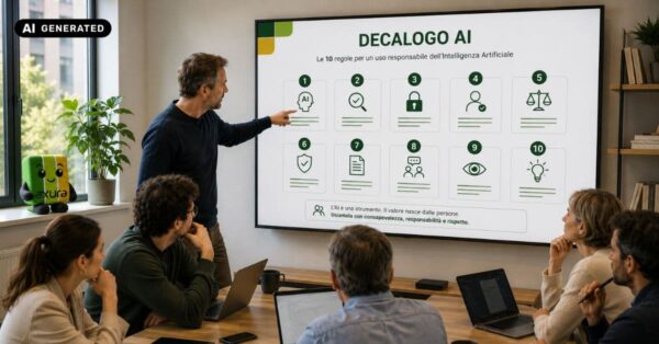 Un formatore indica una slide con dieci regole numerate davanti ai colleghi in sala riunioni