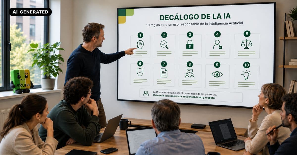 Un formador señala una diapositiva "Decálogo AI" con diez reglas numeradas, ante compañeros sentados en una sala de reuniones. Imagen generada con IA.