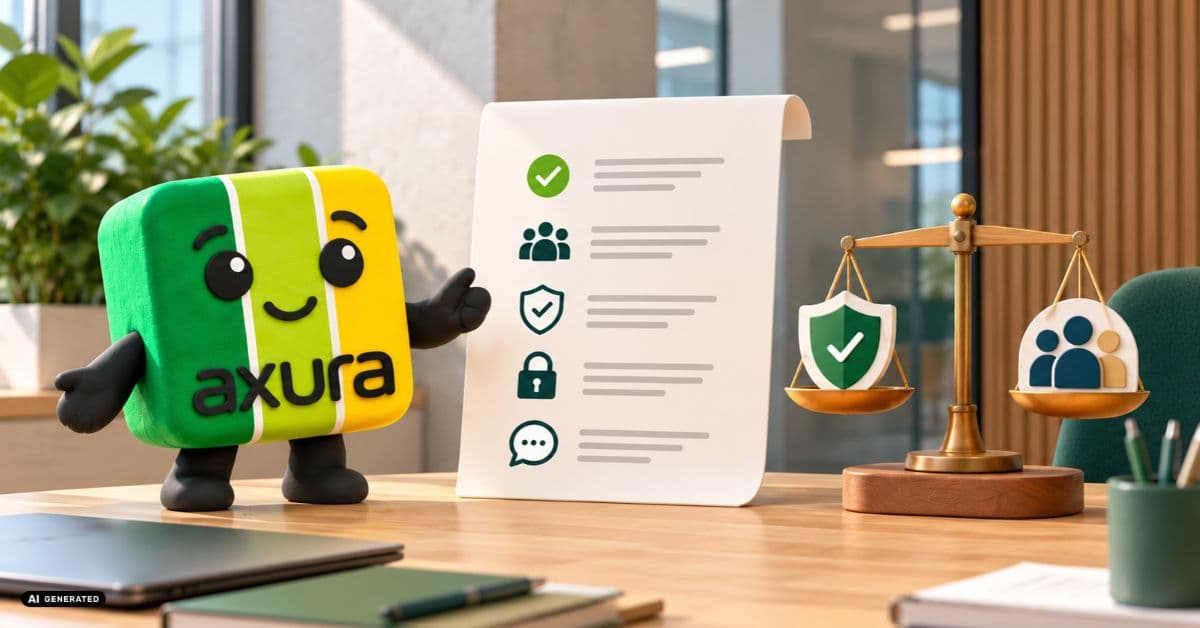 La mascotte di Axura indica le regole di una policy AI accanto a una bilancia tra protezione dei dati e persone. Immagine generata con AI.