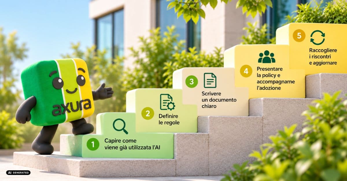 La mascotte di Axura sale una scala di cinque gradini, ognuno dedicato a uno dei 5 passi per scrivere una policy AI aziendale. Immagine generata con AI.
