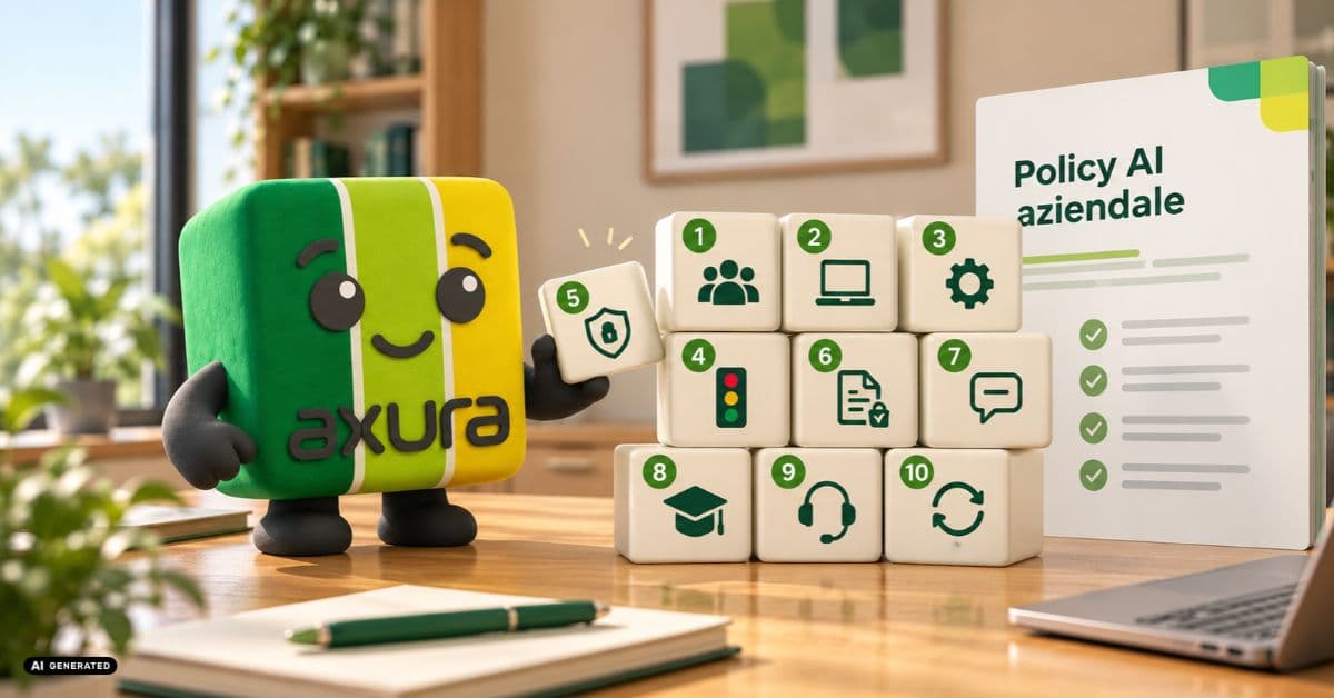 La mascotte di Axura accanto a dieci blocchi numerati con le icone degli elementi di una policy AI. Immagine generata con AI.