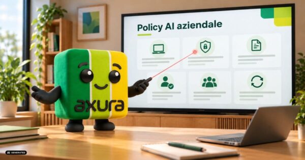 La mascotte di Axura presenta su uno schermo gli elementi di una policy AI aziendale
